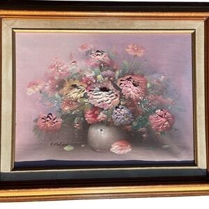 Vtg Original P. Keeling  oil canvas painting  Flowers Floral Framed 21.5” X 17.5